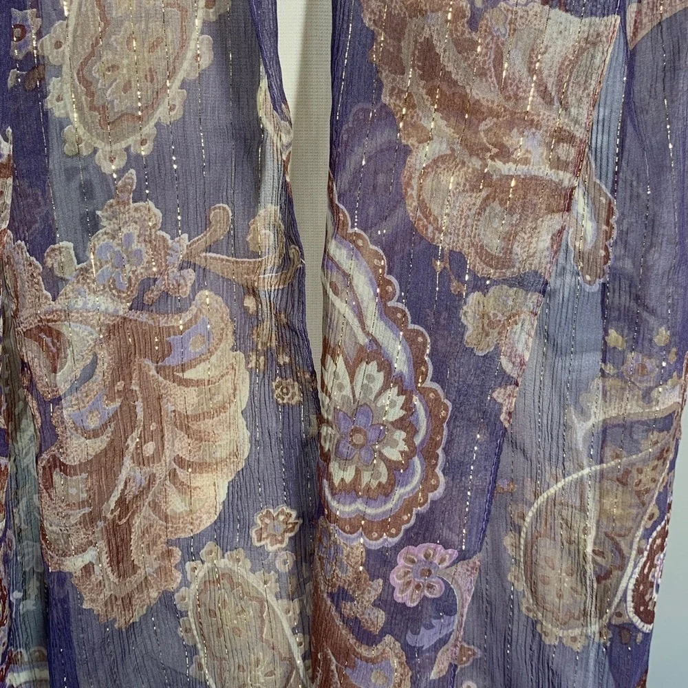 Echo silk scarf, purple with tan and ivory, paisley, print and metallic gold